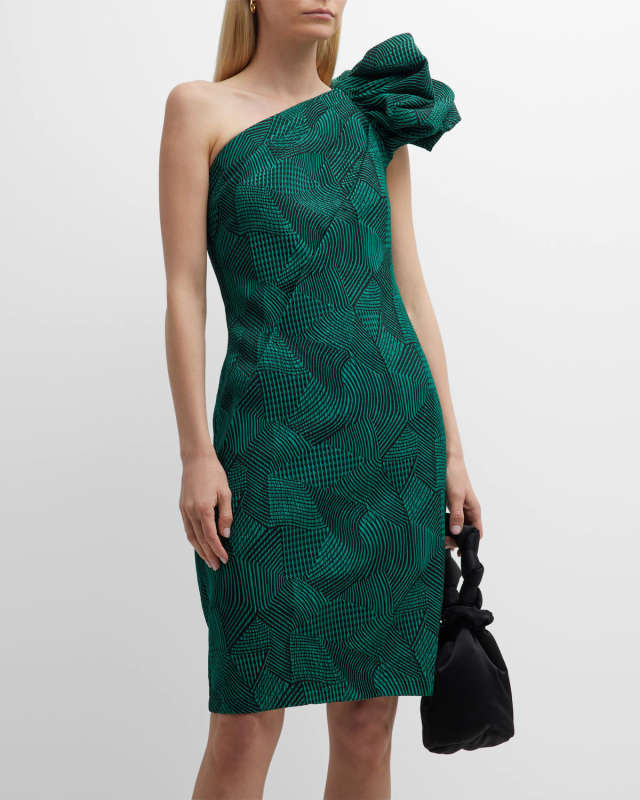 Pleated One-Shoulder Flower Midi Dress